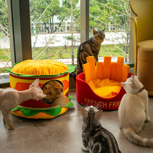 🍟🍔 Nid Douillet pour Chat & Petit Chien – Frites ou Hamburger 🐱🐶💖