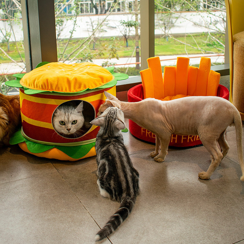🍟🍔 Nid Douillet pour Chat & Petit Chien – Frites ou Hamburger 🐱🐶💖